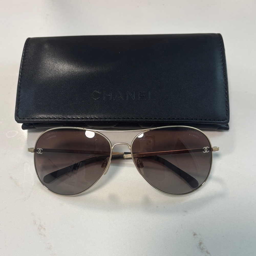 CHANEL Gold Aviator Sunglasses with Original Case